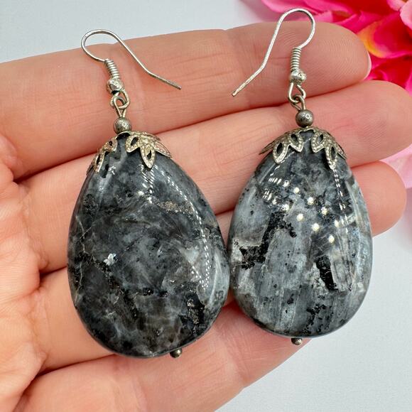 Vintage Larvikite Teardrop Chunky Dangle Earrings Stone Rockhound Natural Gray - Picture 3 of 8